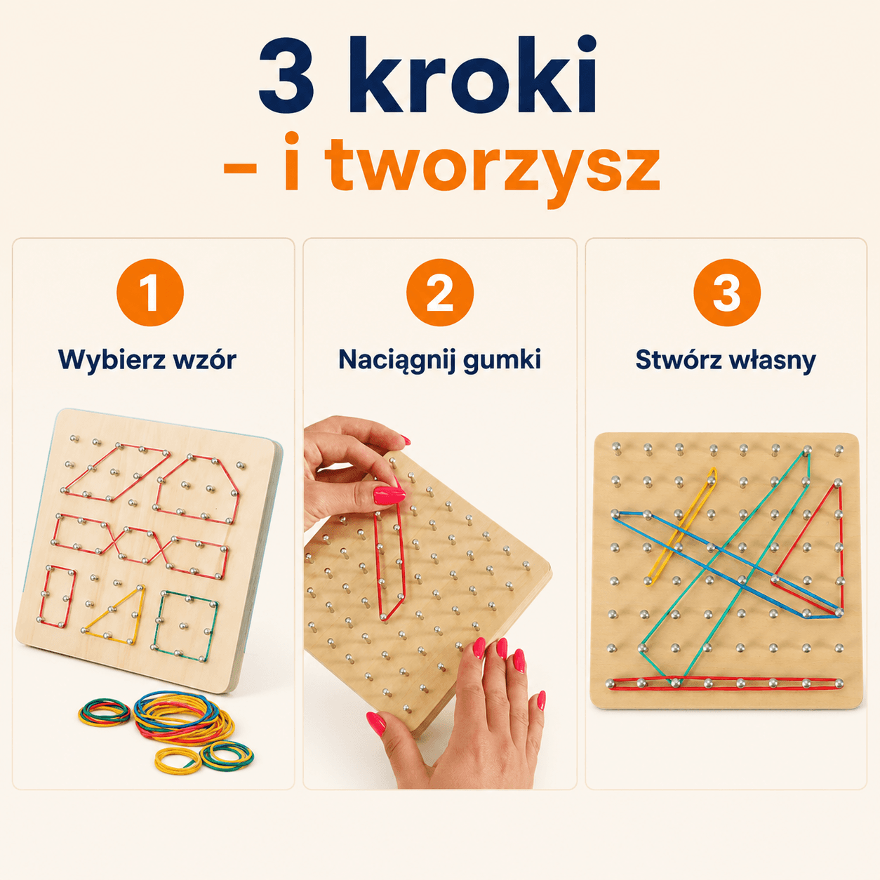 Figlo - Drewniany Geoboard z Gumkami i Kartami Wzorów 3+