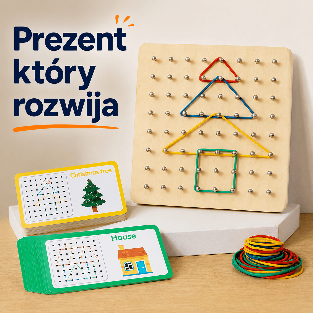 Figlo - Drewniany Geoboard z Gumkami i Kartami Wzorów 3+