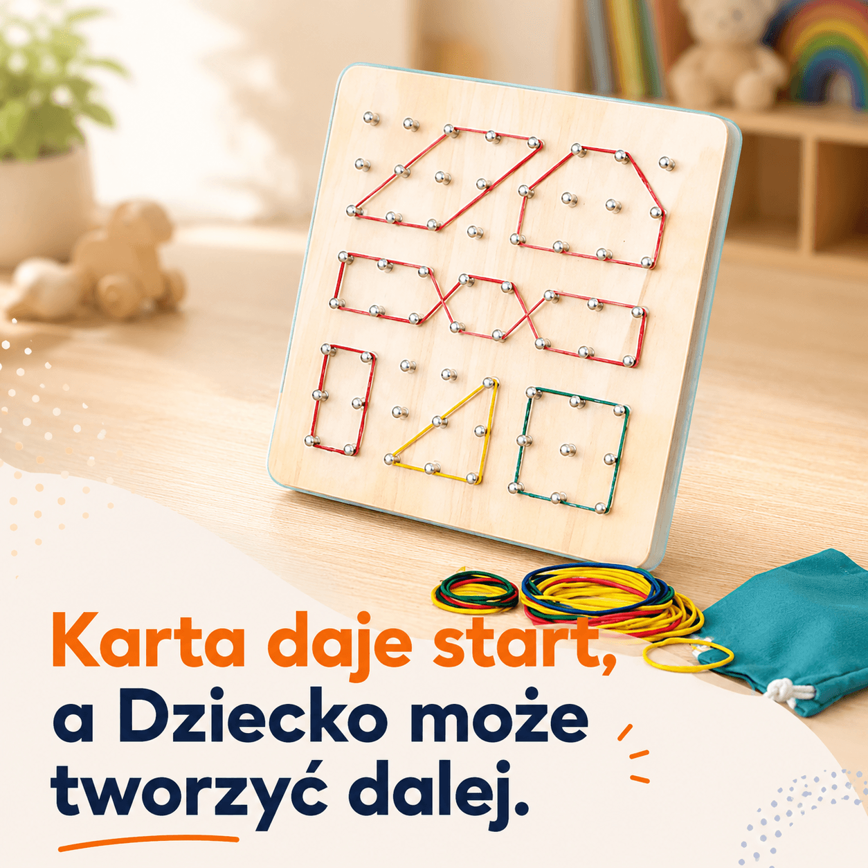 Figlo - Drewniany Geoboard z Gumkami i Kartami Wzorów 3+