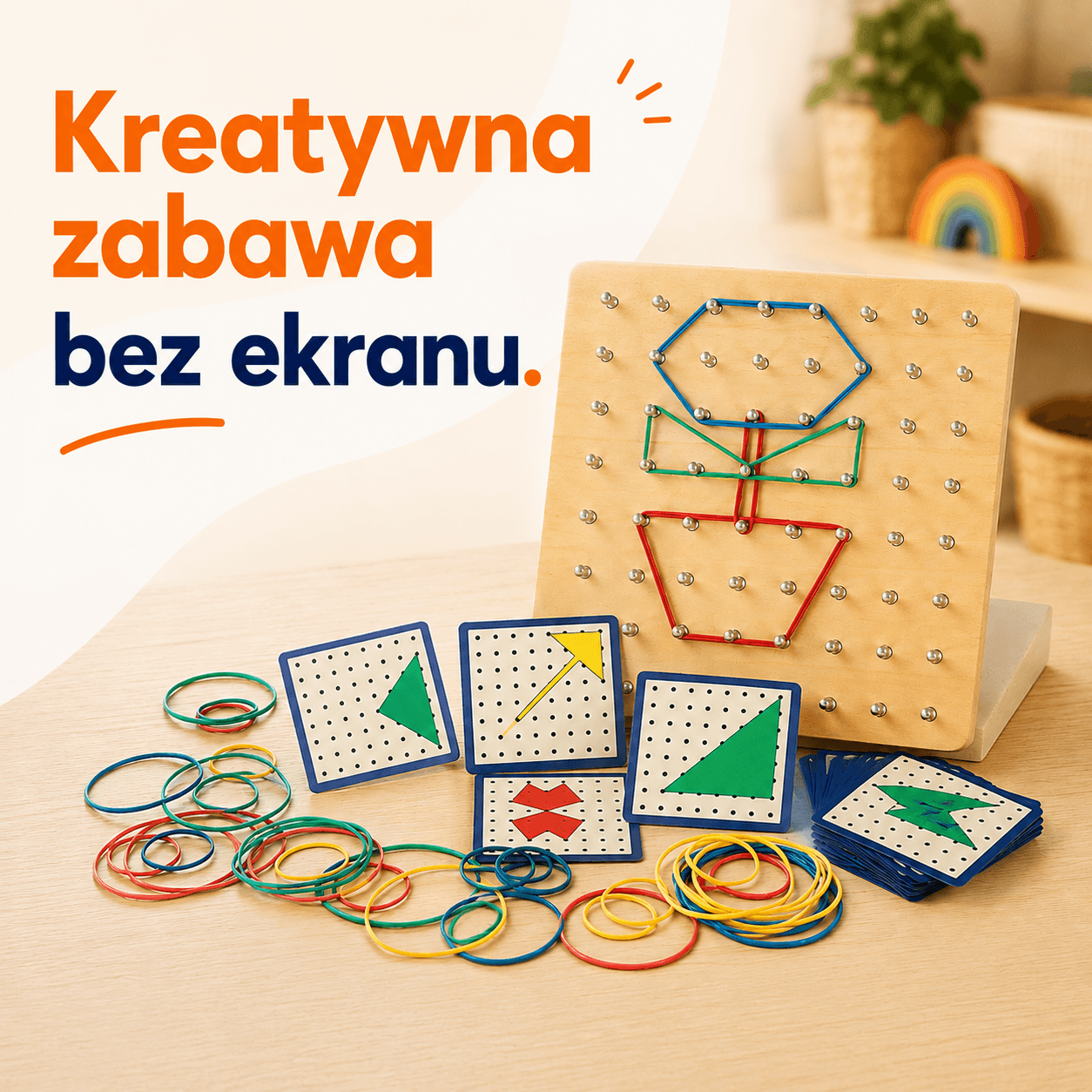 Figlo - Drewniany Geoboard z Gumkami i Kartami Wzorów 3+